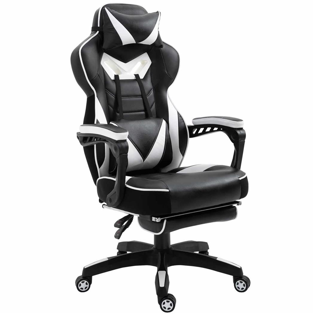 Cadeira Gaming TRONE, Apoia Pés Extensível, Almofada Lombar e Cervical, Pele, Branco