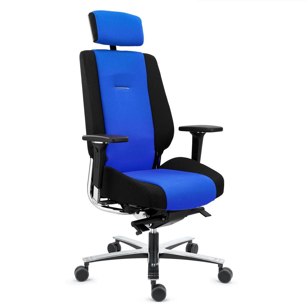 Cadeira Ergonómica KRATOS, Uso 24 horas, Máximo Conforto e Durabilidade, Totalmente Certificada, em Tecido, Cor Preto e Azul