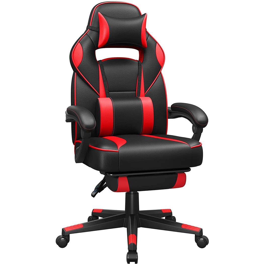 Cadeira Gaming ROBIN com Apoia Pés Extensível, Almofada Lombar e Cervical, em Pele, Preto e Vermelho