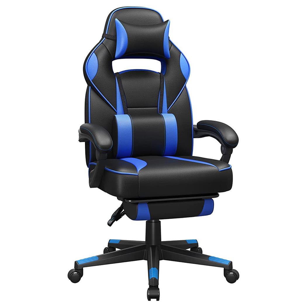 Cadeira Gaming ROBIN com Apoia Pés Extensível, Almofada Lombar e Cervical, em Pele, Preto e Azul