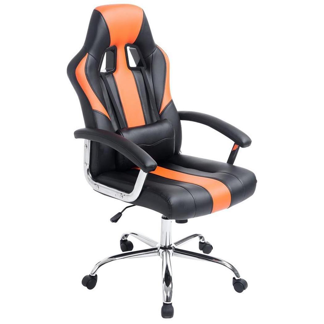 Cadeira Gaming INDOS, Design Desportivo, Conforto, Base Metálica, Em Pele, Preto e Laranja.