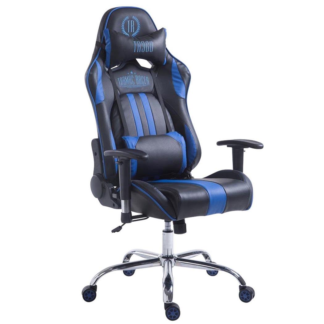 Cadeira de Gaming LOGAN, Encosto Reclinável, Almofadas incluidas, Base Metálica, Em Preto/Azul