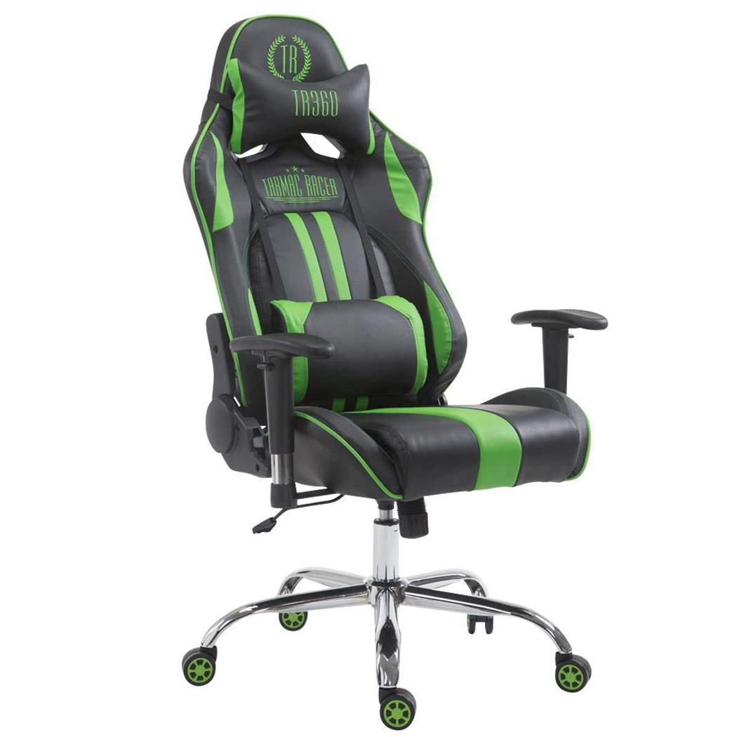 Cadeira de Gaming LOGAN, Encosto Reclinável, Almofadas incluidas, Base Metálica, Em Preto/Verde