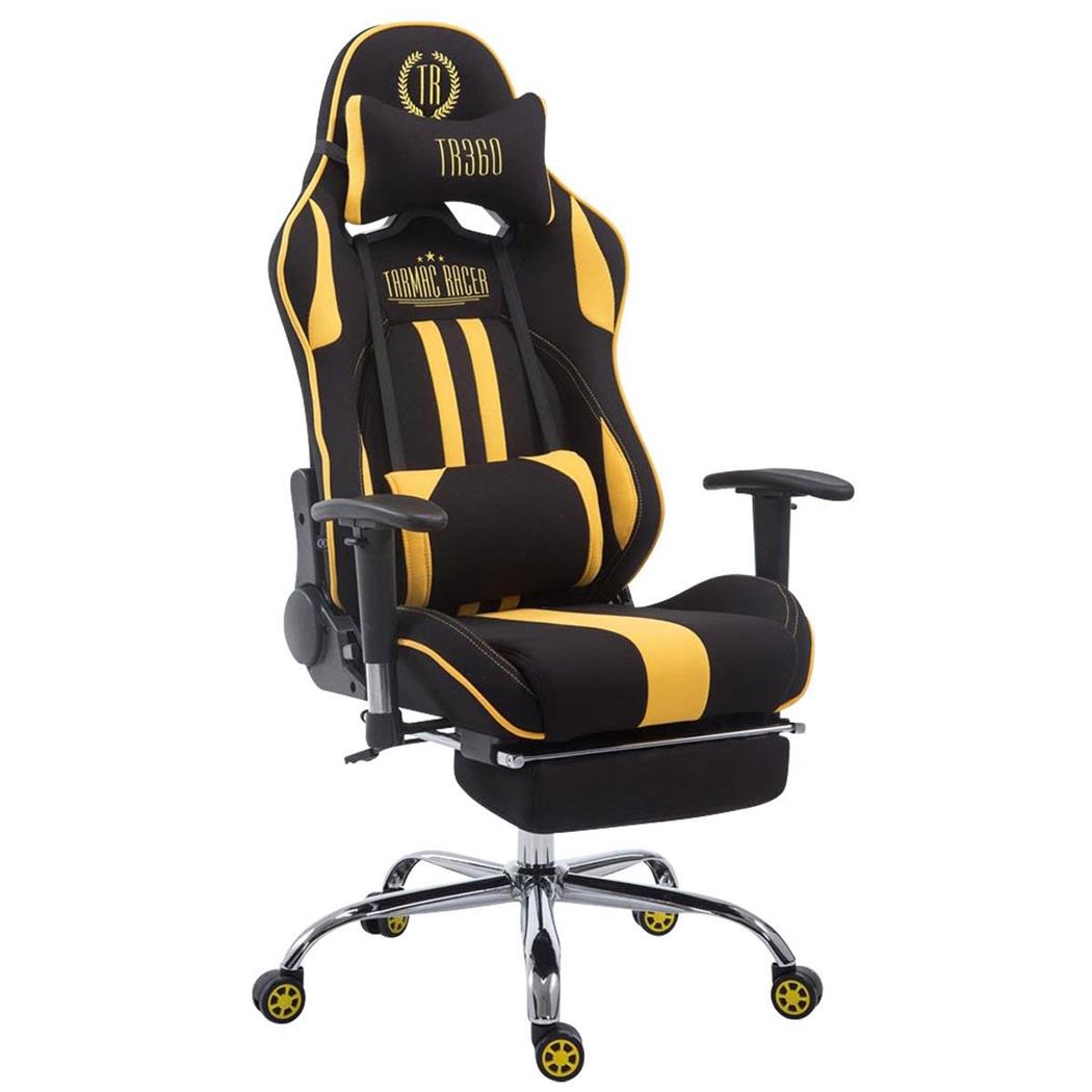 Cadeira Gaming LOGAN TECIDO com Apoio para os pés, Encosto Reclinável, Almofadas Incluidas, Base Metálical, Em Preto/Amarelo