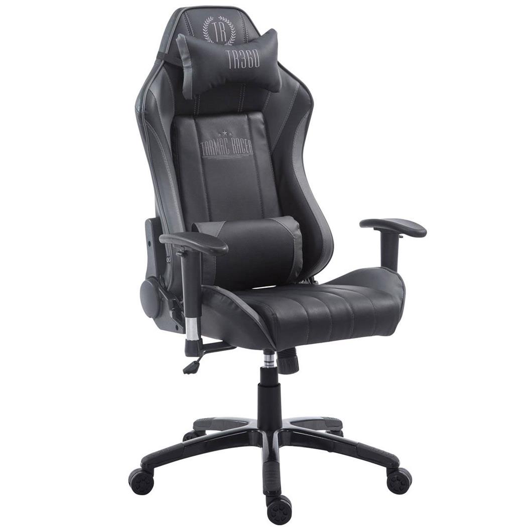 Cadeira gaming TURBO, Com Encosto reclinável, Almofadas Lombar e Cervical, Em Pele Preto/Cinza