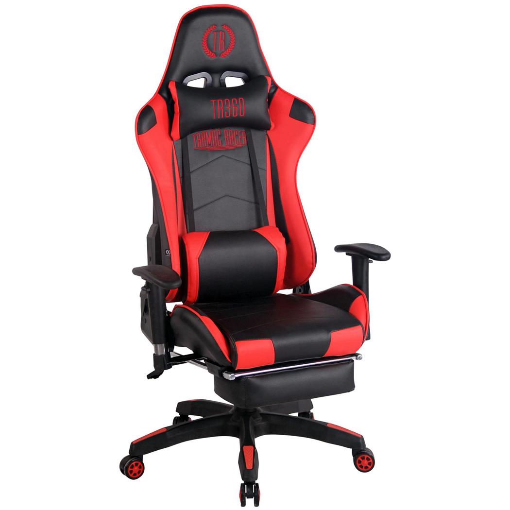 Cadeira Gaming TURBO com Apoio para os pés, Encosto Reclinável, Almofadas Lombar e Cervical, Em Pele Preto/Vermelho