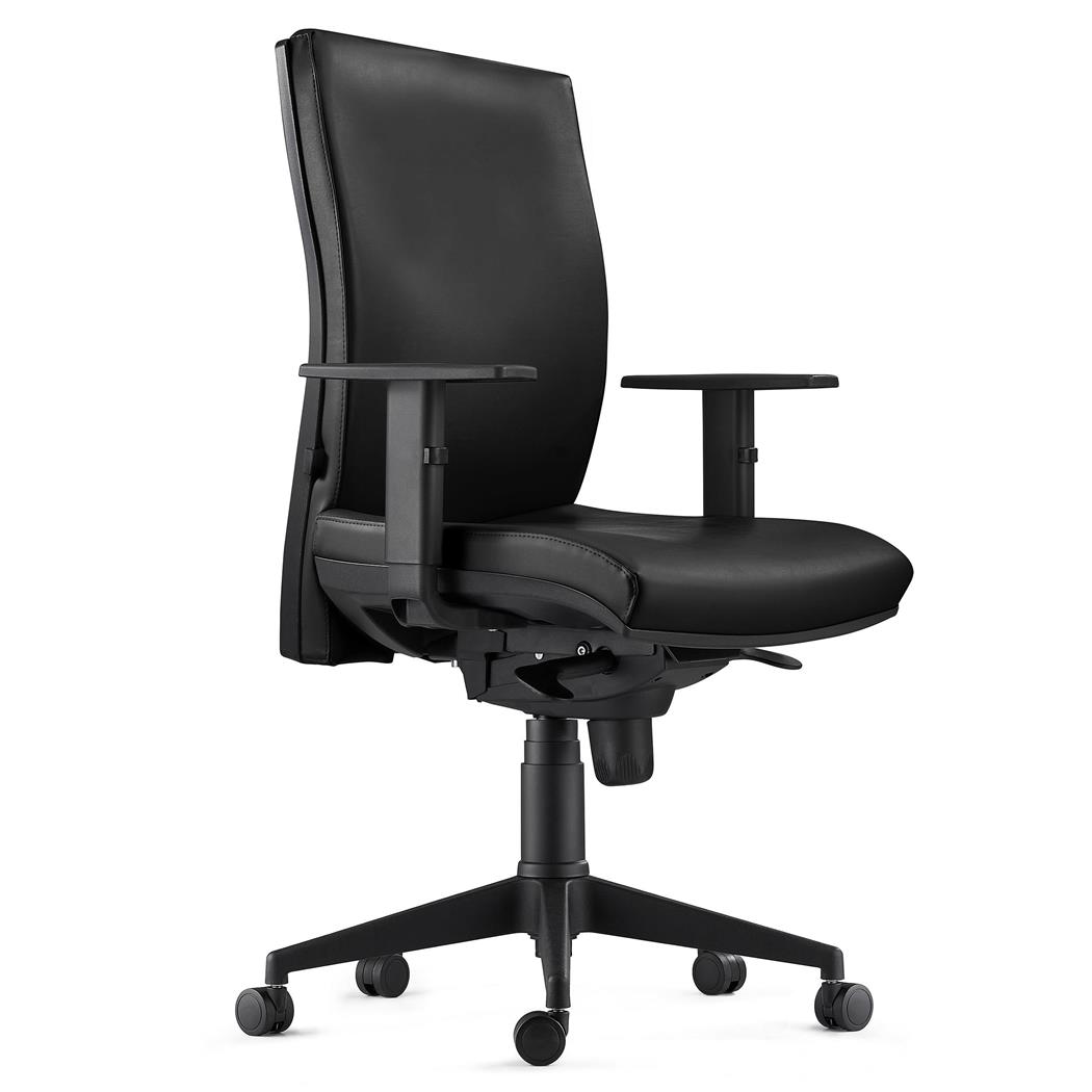 Cadeira ergonómica KEVIN, em Pele Natural Preto, com Apoio Lombar