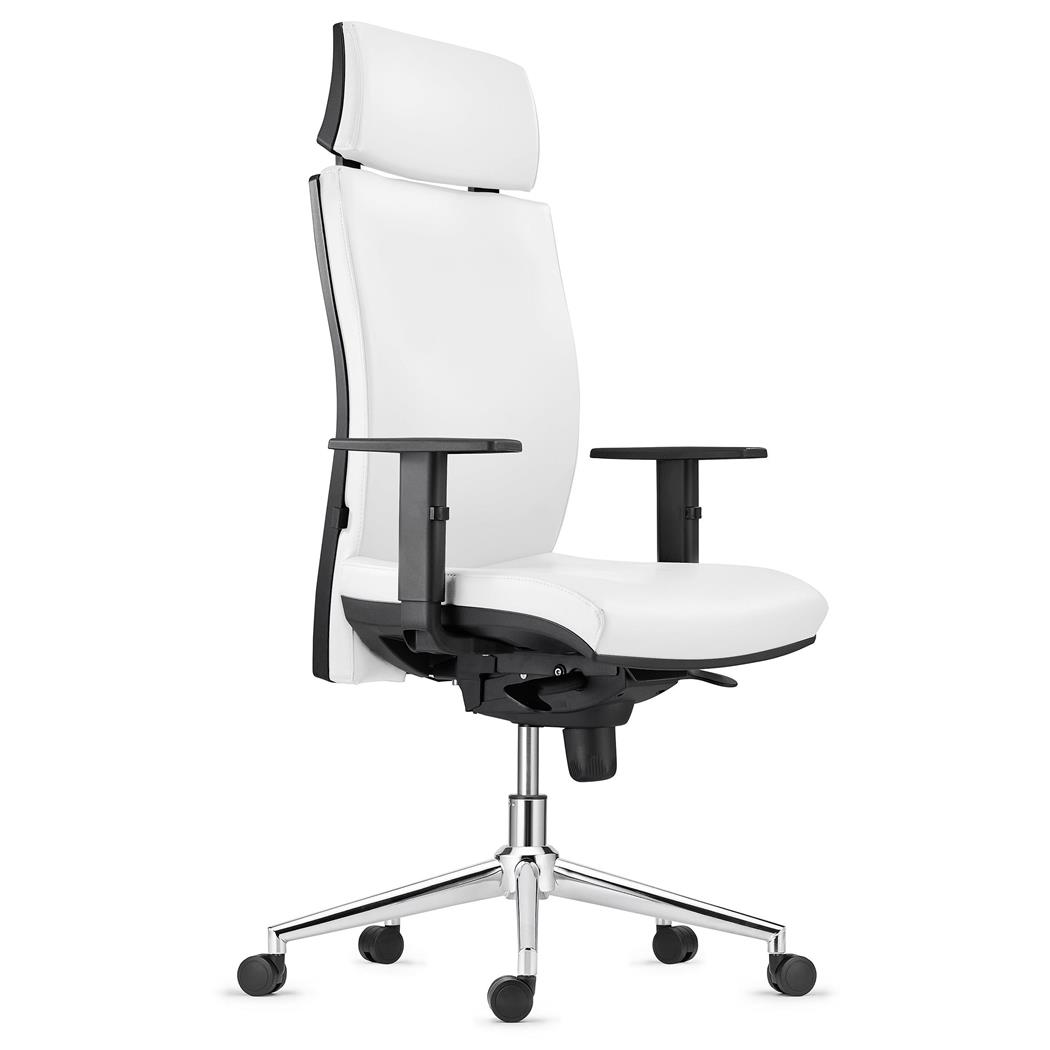 Cadeira Ergonómica MARVEL, em Pele Natural Branco, com Base Metálica, Apoio para Cabeça e Apoio Lombar