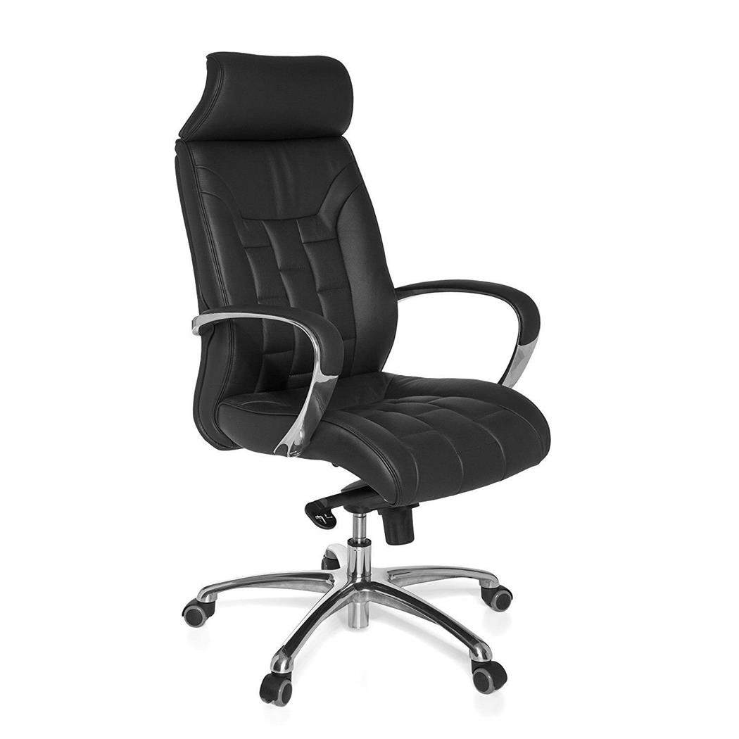 Poltrona de Escritório ASPERG, Grosso Acolchoado, Design Ergonómico, Em Pele Natural, Cor Preto