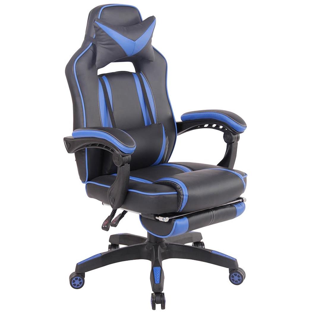 Cadeira Gaming MARQUEZ, Almofada Lombar e Cervical, Em Pele, Cor Preto e Azul