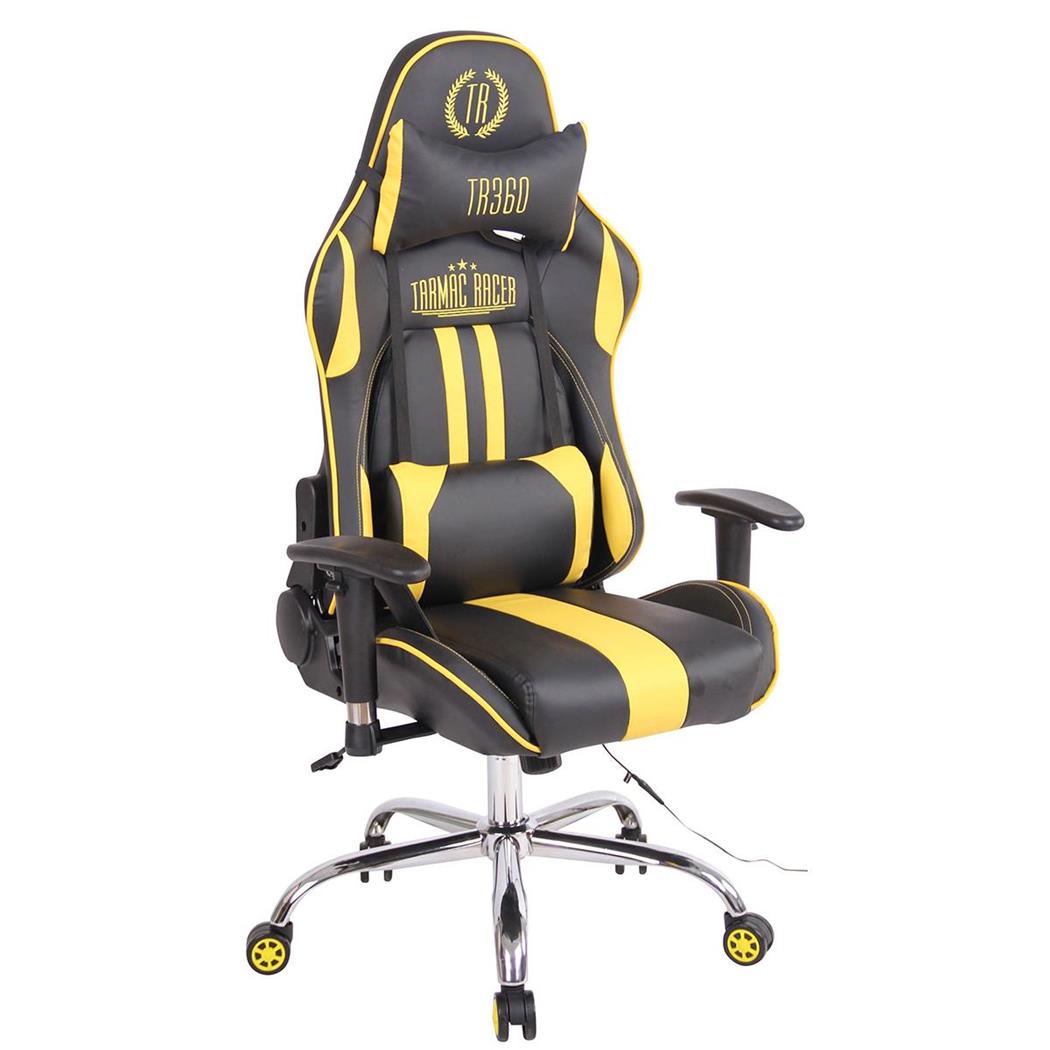 Cadeira Gaming INDY, Encosto Reclinável, Almofada Lombar e Cervical, Em Preto / Amarelo