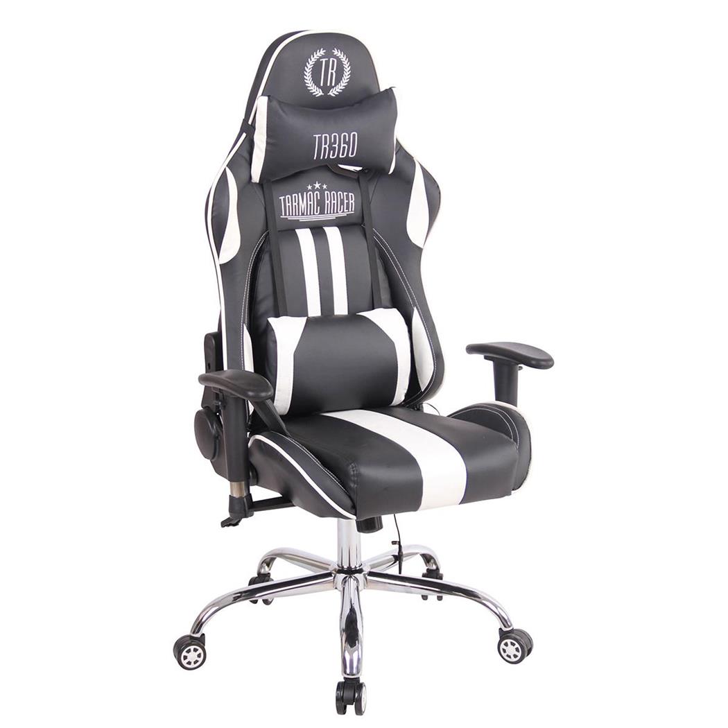 Cadeira Gaming INDY, Encosto Reclinável, Almofada Lombar e Cervical, Em Preto / Branco