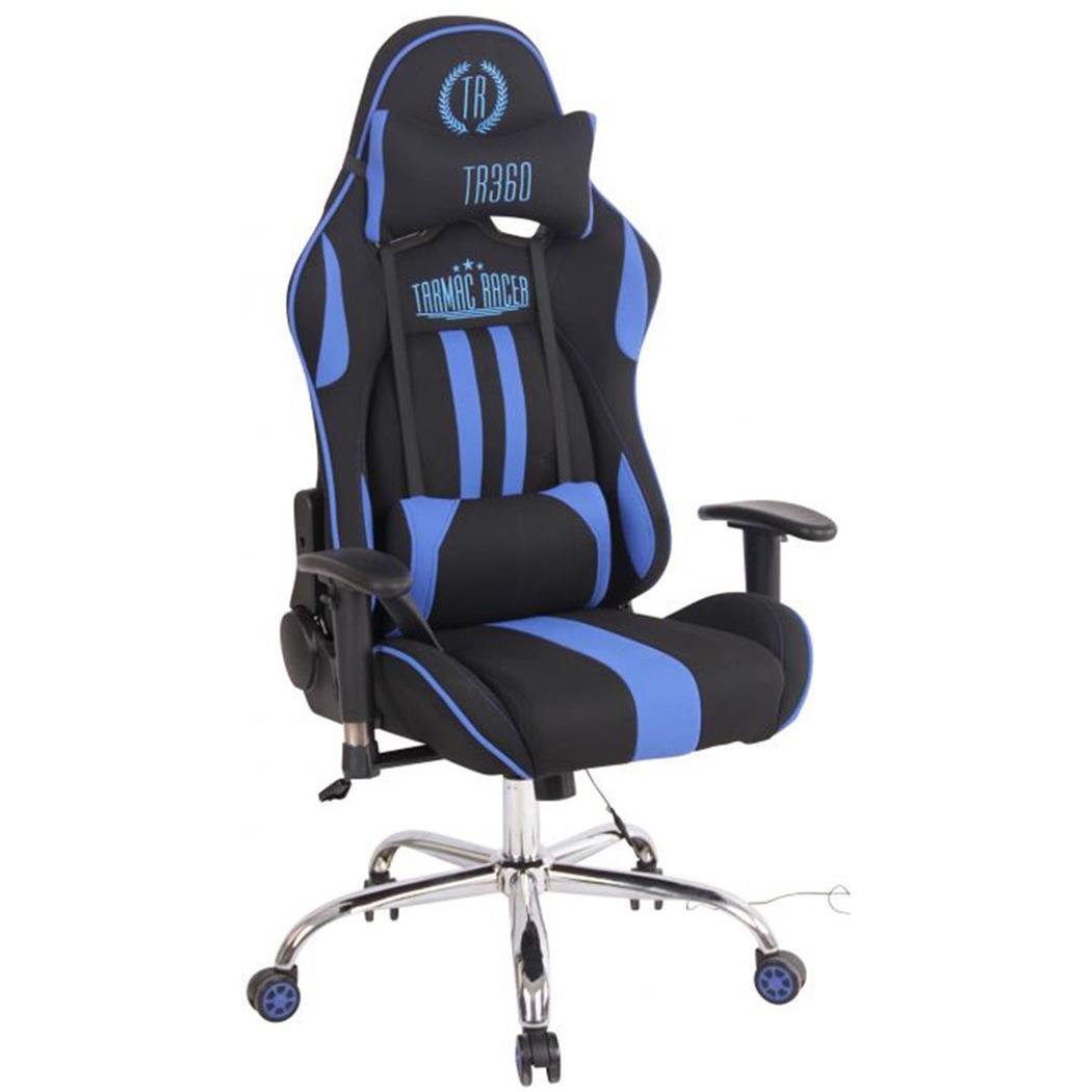 Cadeira Gaming INDY PANO, Encosto Reclinável, Almofada Lombar e Cervical, Em Preto / Azul