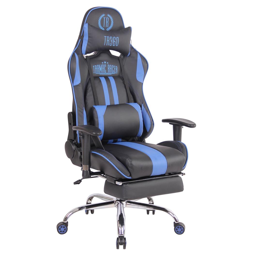 Cadeira Gaming LAUDA, Almofada Lombar e Cervical, Apoia Pés Extensível, Preto / Azul