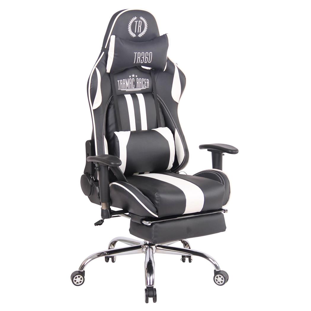 Cadeira Gaming LAUDA, Almofada Lombar e Cervical, Apoia Pés Extensível, Preto / Branco