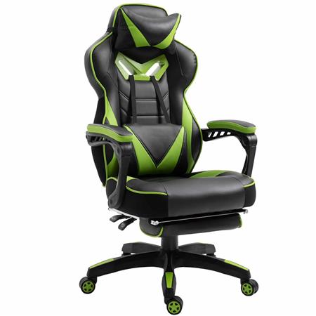 Cadeira Gaming TRONE, Apoia Pés Extensível, Almofada Lombar e Cervical, Pele, Verde