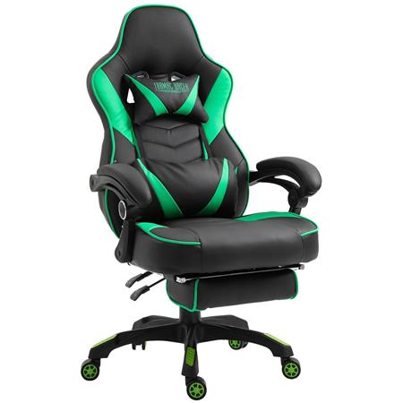 Cadeira Gaming SENNA, Apoia Pés, Almofada Lombar e Cervical, Em Pele, Cor Verde