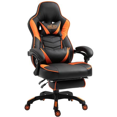 Cadeira Gaming SENNA, Apoia Pés, Almofada Lombar e Cervical, Em Pele, Cor Laranja