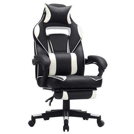 Cadeira Gaming ROBIN com Apoia Pés Extensível, Almofada Lombar e Cervical, em Pele, Preto e Branco