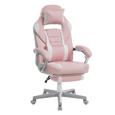 Cadeira Gaming ROBIN com Apoia Pés Extensível, Almofada Lombar e Cervical, em Pele, Branco e Rosa