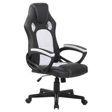 Cadeira Gaming MONTMELO, Design Desportivo, Em Pele e Pano, Cor Preto e Branco