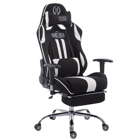 Cadeira Gaming LOGAN TECIDO com Apoio para os pés, Encosto Reclinável, Almofadas Incluidas, Base Metálical, Em Preto/Branco