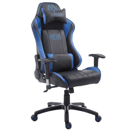 Cadeira Gaming TURBO, Encosto Reclinável, Almofadas Lombar e Cervical, Em Pele Preto/Azul