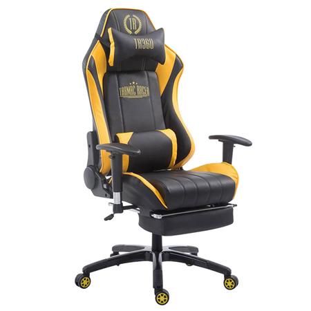 Cadeira Gaming TURBO com Apoio para os pés, Encosto Reclinável, Almofadas Lombar e Cervical, Em Pele Preto/Amarelo