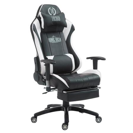 Cadeira Gaming TURBO com Apoio para os pés, Encosto Reclinável, Almofadas Lombar e Cervical, Em Pele Preto/Branco