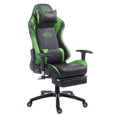 Cadeira Gaming TURBO com Apoio para os pés, Encosto Reclinável, Almofadas Lombar e Cervical, Em Pele Preto/Verde