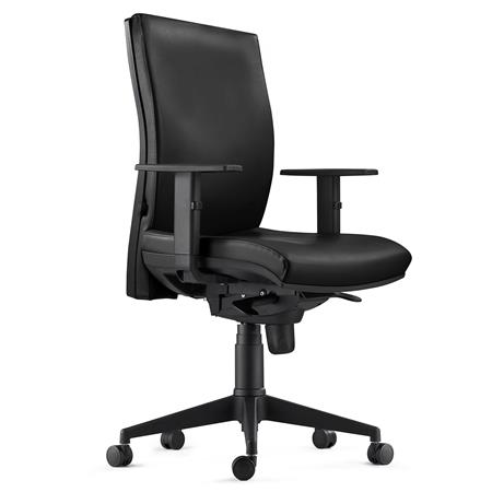 Cadeira ergonómica KEVIN, em Pele Natural Preto, com Apoio Lombar