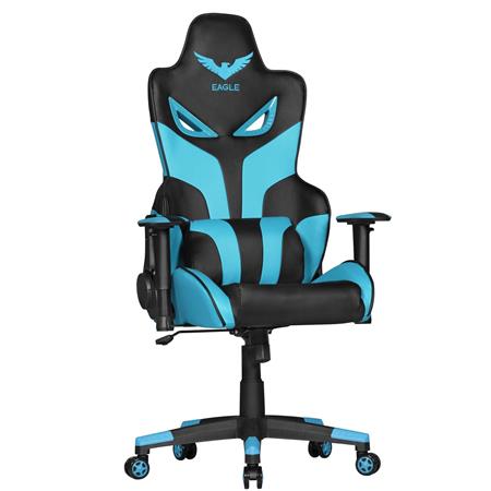 Cadeira Gaming EAGLE, Encosto Reclinável, Almofada Lombar, Em Pele, Preto/Azul