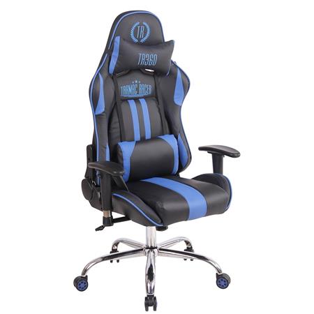 Cadeira Gaming INDY, Encosto Reclinável, Almofada Lombar e Cervical, Em Preto / Azul