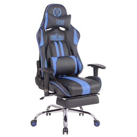 Cadeira Gaming LAUDA, Almofada Lombar e Cervical, Apoia Pés Extensível, Preto / Azul